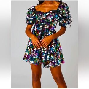 Buddy Love Colby Puffy Sleeves Multicolor Sequins Party Mini Dress Size Small